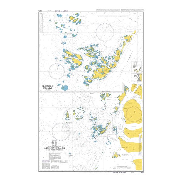 Product image of Admiralty Chart 3575 | Argentine Islands and Approaches, featuring navigational markings, depth soundings, and coastal features, essential for safe marine navigation. It could be displayed as an art piece or used for navigation on a boat or ship.