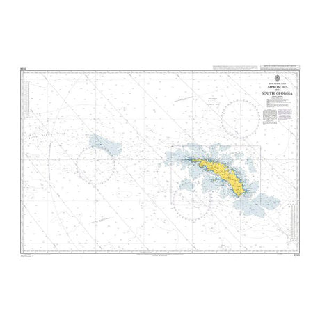 Product image of Admiralty Chart 3596 | Approaches to South Georgia, featuring navigational markings, depth soundings, and coastal features, essential for safe marine navigation. It could be displayed as an art piece or used for navigation on a boat or ship.