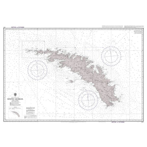 Product image of Admiralty Chart 3597 | South Georgia, featuring navigational markings, depth soundings, and coastal features, essential for safe marine navigation. It could be displayed as an art piece or used for navigation on a boat or ship.