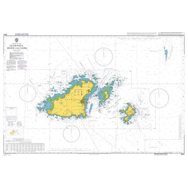 Product image of Admiralty Chart 3654 | Guernsey Herm and Sark, featuring navigational markings, depth soundings, and coastal features, essential for safe marine navigation. It could be displayed as an art piece or used for navigation on a boat or ship.