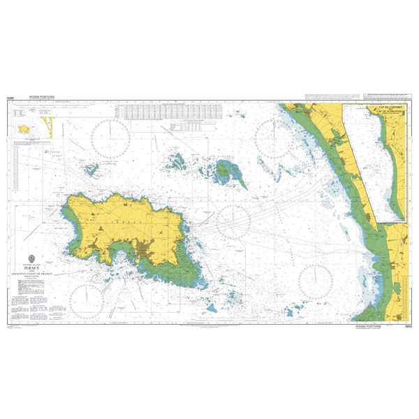 Product image of Admiralty Chart 3655 | Jersey and Adjacent Coast of France, featuring navigational markings, depth soundings, and coastal features, essential for safe marine navigation. It could be displayed as an art piece or used for navigation on a boat or ship.