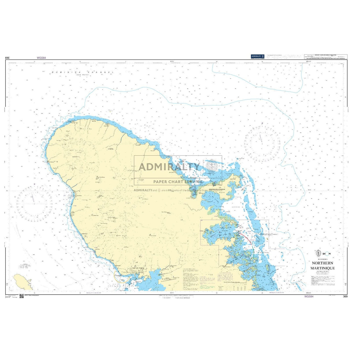 Admiralty Chart 369: Northern Martinique by Admiralty displays the coastline, sea depths, and navigation info of northern Martinique, using Admiralty chart symbols with land in yellow and shallow waters in blue.