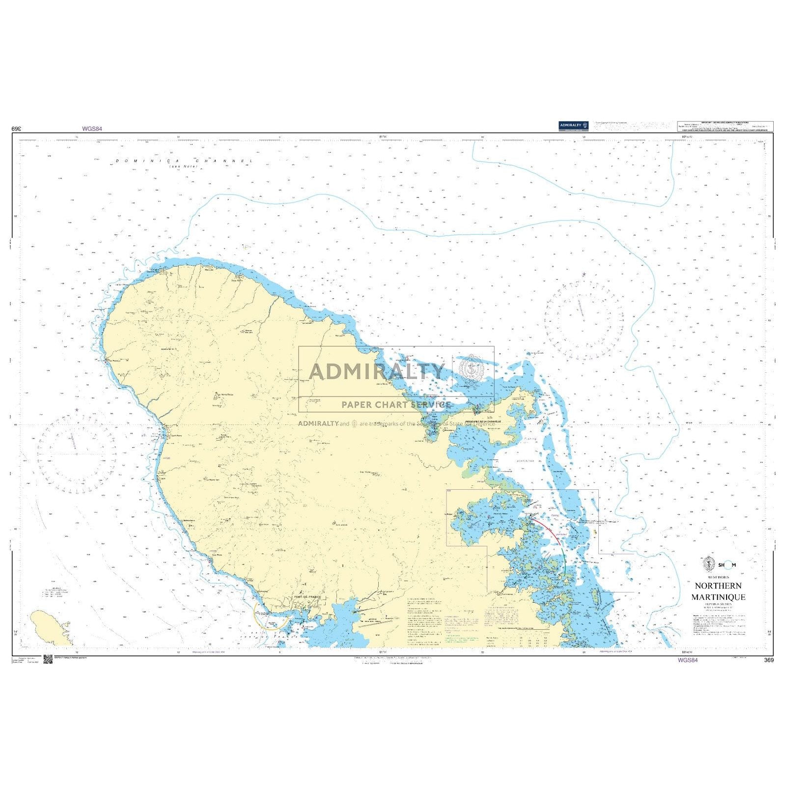 Admiralty Chart 369: Northern Martinique by Admiralty displays the coastline, sea depths, and navigation info of northern Martinique, using Admiralty chart symbols with land in yellow and shallow waters in blue.