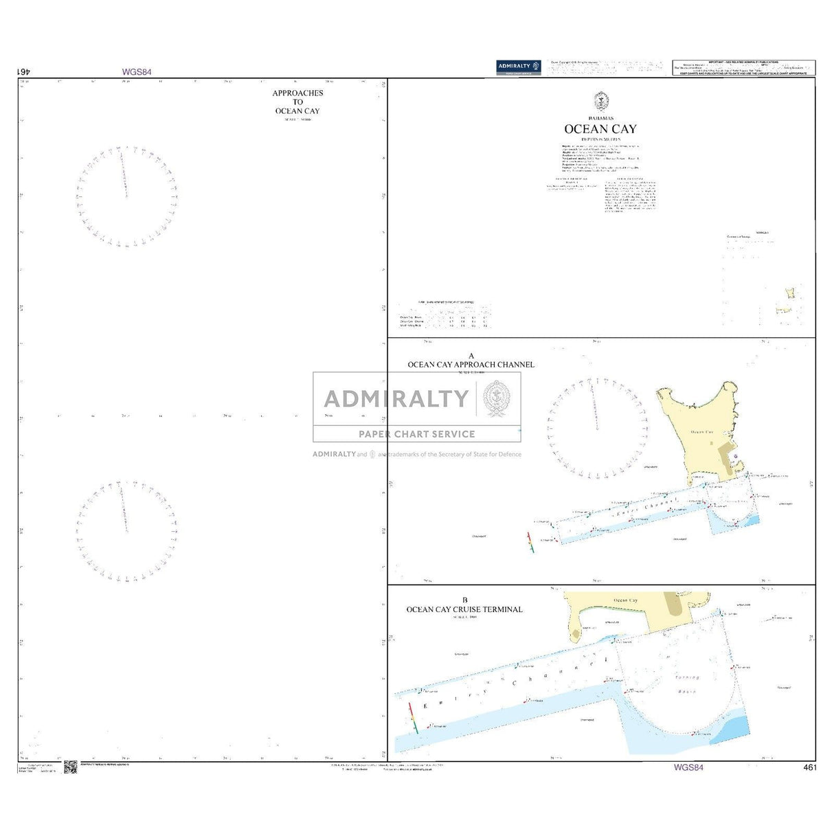 Admiralty Chart 461: Ocean Cay by Admiralty displays navigational details, approach channels, cruise terminal, compass roses, depth markers, and map insets for the island and its surrounding waters.