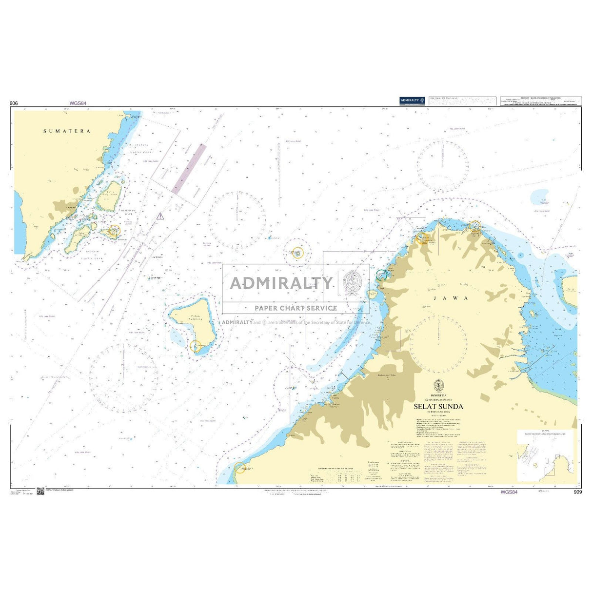 Admiralty Chart 909: Selat Sunda by Admiralty details depths, navigation routes, coastal features, and aids for safe passage through the Sunda Strait between Sumatra and Java.