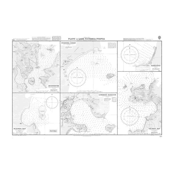 Product image of Admiralty Chart 3693 | Plans in Lake Victoria Nyanza, featuring navigational markings, depth soundings, and coastal features, essential for safe marine navigation. It could be displayed as an art piece or used for navigation on a boat or ship.