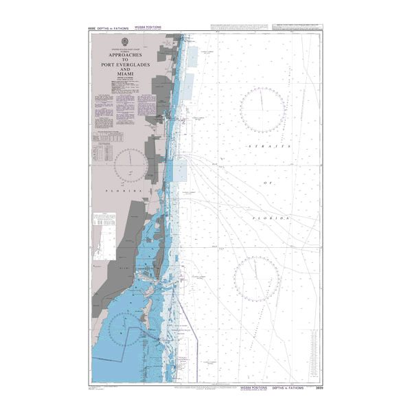 Product image of Admiralty Chart 3699 | Approaches to Port Everglades and Miami, featuring navigational markings, depth soundings, and coastal features, essential for safe marine navigation. It could be displayed as an art piece or used for navigation on a boat or ship.