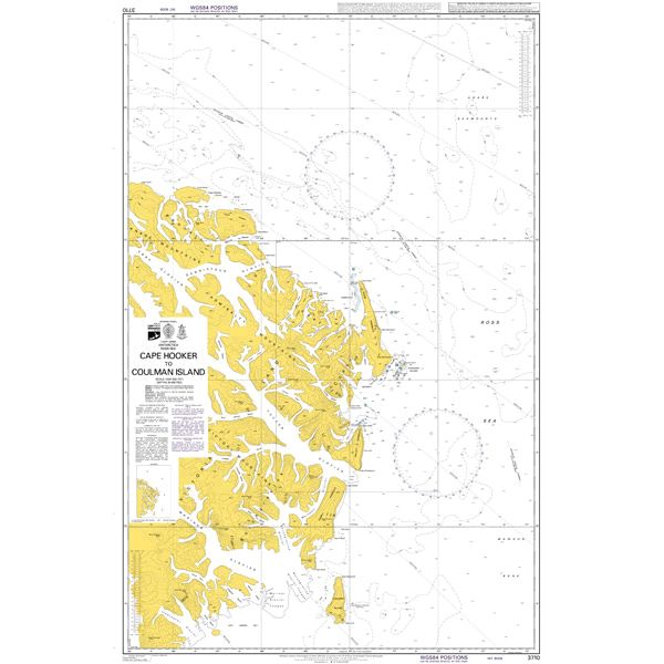 Product image of Admiralty Chart 3710 | Cape Hooker to Coulman Island, featuring navigational markings, depth soundings, and coastal features, essential for safe marine navigation. It could be displayed as an art piece or used for navigation on a boat or ship.