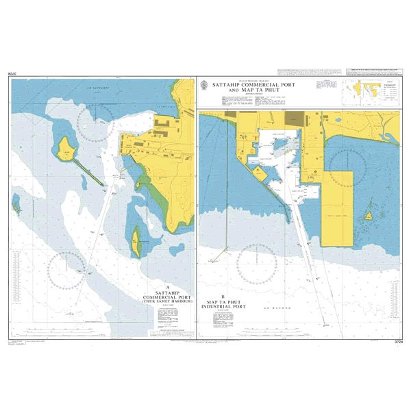 Product image of Admiralty Chart 3724 | Sattahip Commercial Port and Map Ta Phut Industrial Port, featuring navigational markings, depth soundings, and coastal features, essential for safe marine navigation. It could be displayed as an art piece or used for navigation on a boat or ship.