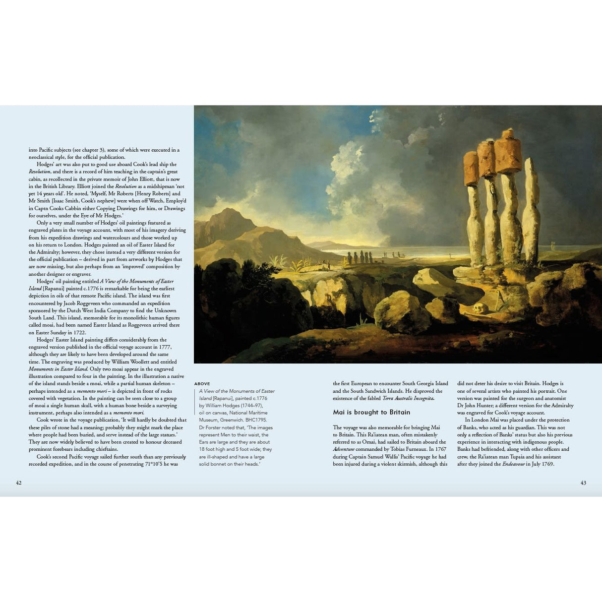 Adlard Coles' "Picturing the Pacific" landscape painting showcases a rocky formation with four large standing stones topped by red structures. Mountains and a valley extend into the background under a cloudy sky, where text overlays and standing stones dominate the foreground.