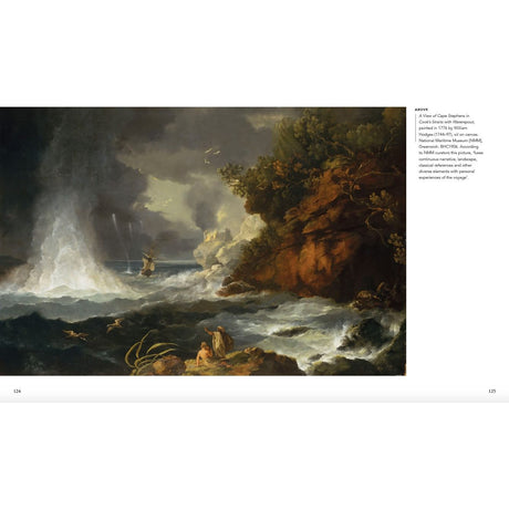 The Adlard Coles "Picturing the Pacific" painting captures Pacific exploration with crashing waves, a storm-tossed ship near cliffs, and two figures resembling artists or Joseph Banks watching under looming clouds.