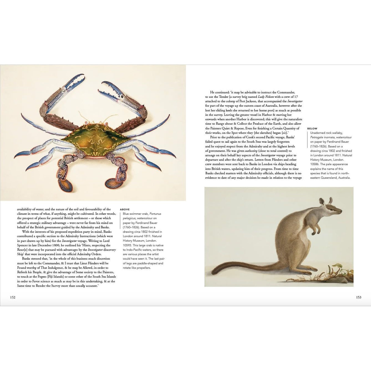 A white background features a crab at the top left and a wallaby at the bottom right, with descriptive text reminiscent of British exploration voyages. From "Picturing the Pacific" by Adlard Coles, found on pages 152-153.