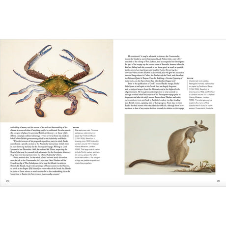 A white background features a crab at the top left and a wallaby at the bottom right, with descriptive text reminiscent of British exploration voyages. From "Picturing the Pacific" by Adlard Coles, found on pages 152-153.