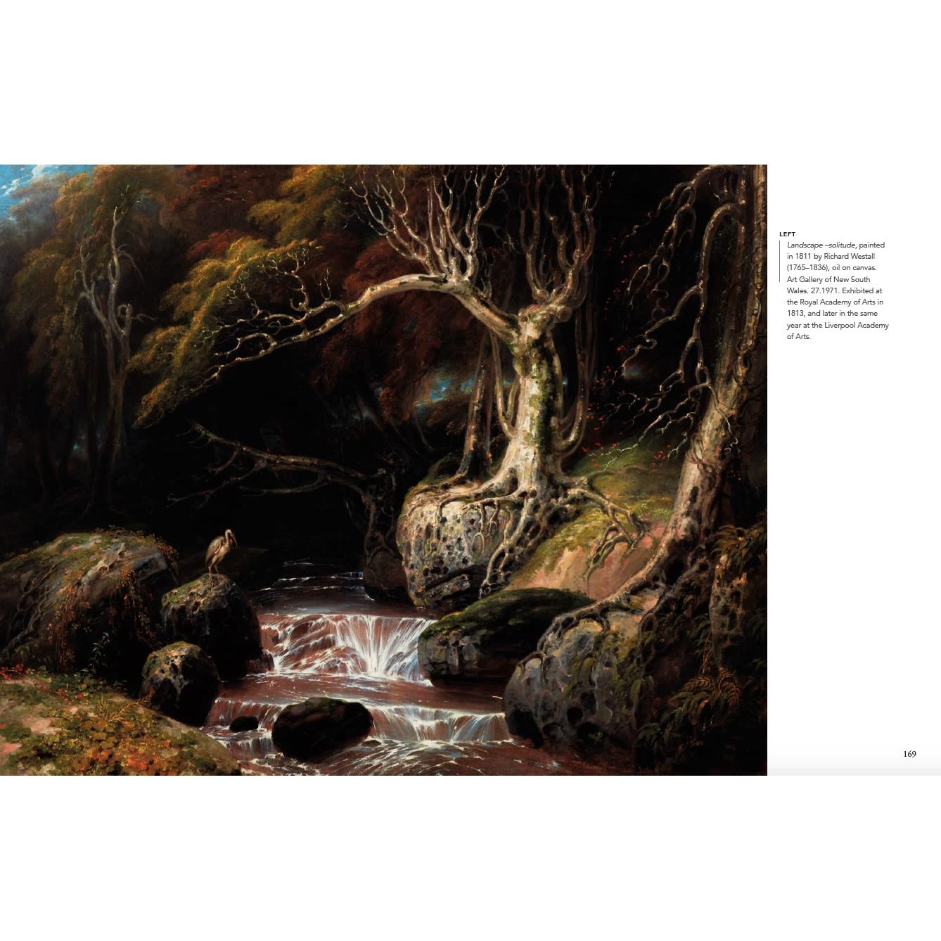The serene forest scene mirrors Pacific exploration in "Picturing the Pacific" by Adlard Coles, with tall trees, a rocky waterfall, and a heron by the stream. Rich foliage envelops the area, evoking shipboard artists like Joseph Banks in its tranquil beauty.