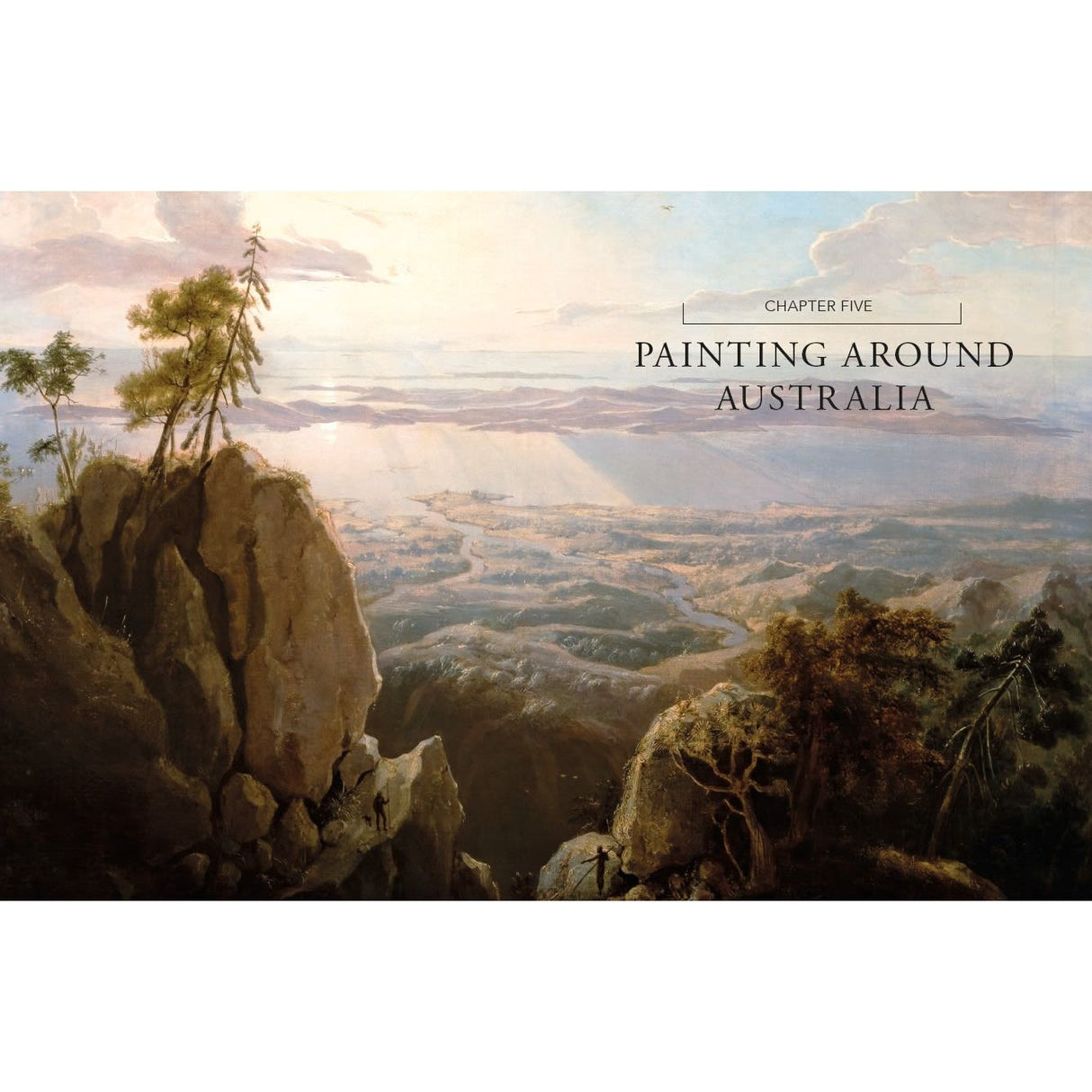 A landscape painting depicts mountains with rocky cliffs, sparse trees, and a broad horizon under a partly cloudy sky with sunlight piercing through. The text reads "Picturing the Pacific," capturing the essence of shipboard artists during Australian exploration. Brand: Adlard Coles.