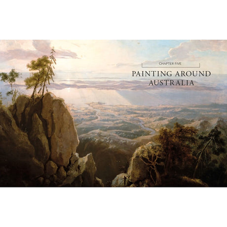 A landscape painting depicts mountains with rocky cliffs, sparse trees, and a broad horizon under a partly cloudy sky with sunlight piercing through. The text reads "Picturing the Pacific," capturing the essence of shipboard artists during Australian exploration. Brand: Adlard Coles.