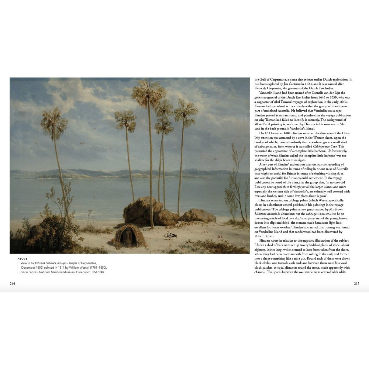 The artwork "Picturing the Pacific" by Adlard Coles depicts tall palm trees and a wooden hut by the Gulf of Carpinteria, evoking British voyages of discovery with a vast sea under a clear sky. A caption and text offer additional context on the page.