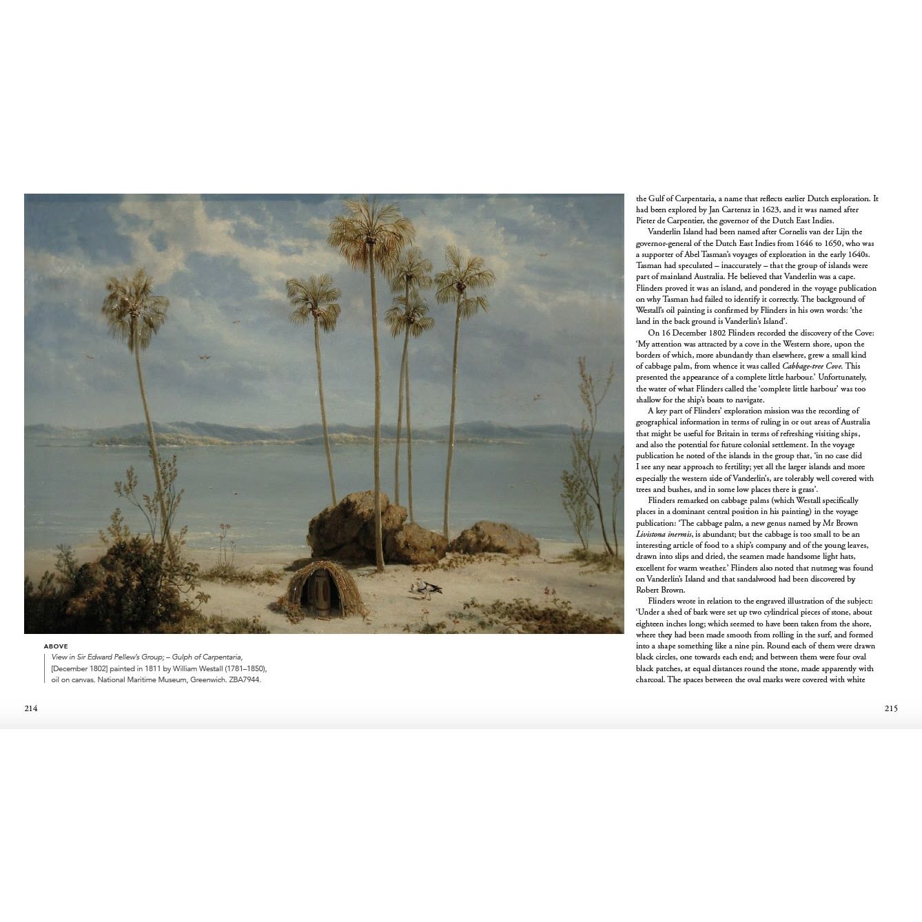 The artwork "Picturing the Pacific" by Adlard Coles depicts tall palm trees and a wooden hut by the Gulf of Carpinteria, evoking British voyages of discovery with a vast sea under a clear sky. A caption and text offer additional context on the page.