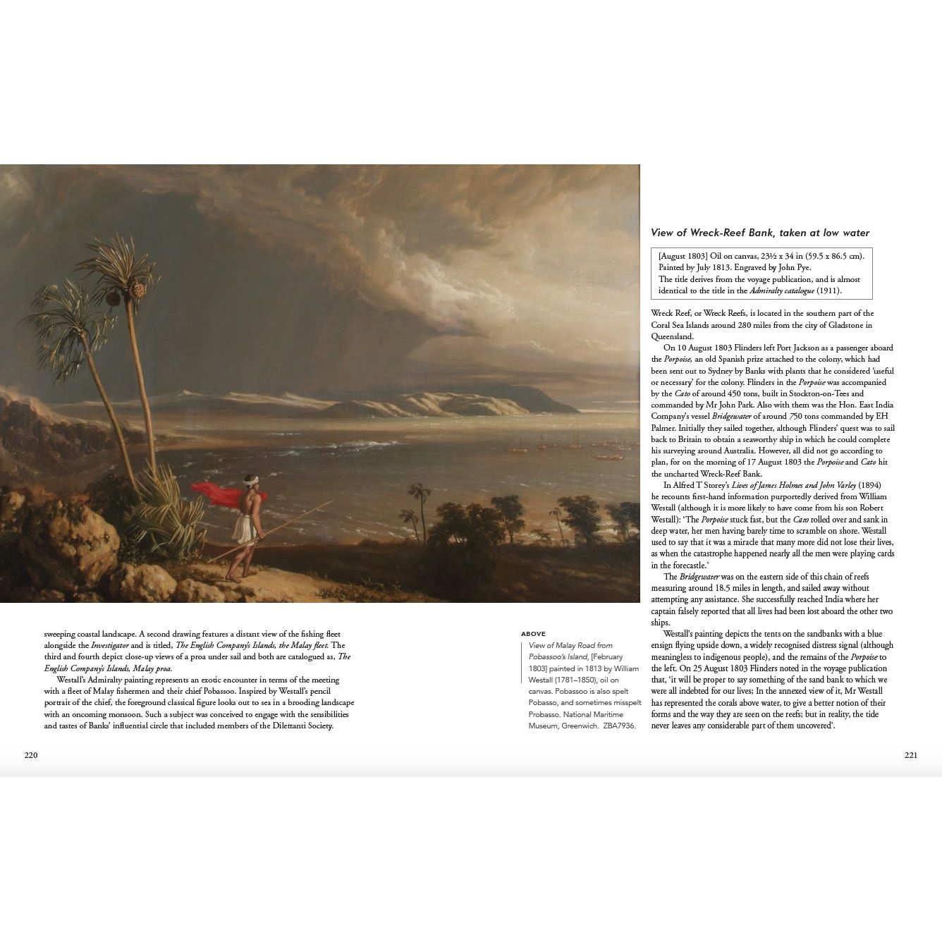 The painting "Picturing the Pacific" by Adlard Coles depicts a coastal scene with a shipwreck off a rugged shore, echoing British voyages of discovery. Observers gather in the foreground under dramatic clouds over turbulent seas, with text on the right evoking tales akin to Joseph Banks' Pacific explorations.