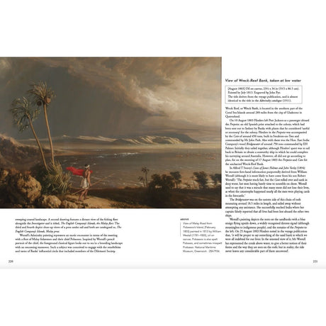 The painting "Picturing the Pacific" by Adlard Coles depicts a coastal scene with a shipwreck off a rugged shore, echoing British voyages of discovery. Observers gather in the foreground under dramatic clouds over turbulent seas, with text on the right evoking tales akin to Joseph Banks' Pacific explorations.