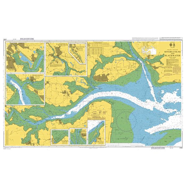 Product image of Admiralty Chart 3741 | Rivers Colne and Blackwater, featuring navigational markings, depth soundings, and coastal features, essential for safe marine navigation. It could be displayed as an art piece or used for navigation on a boat or ship.