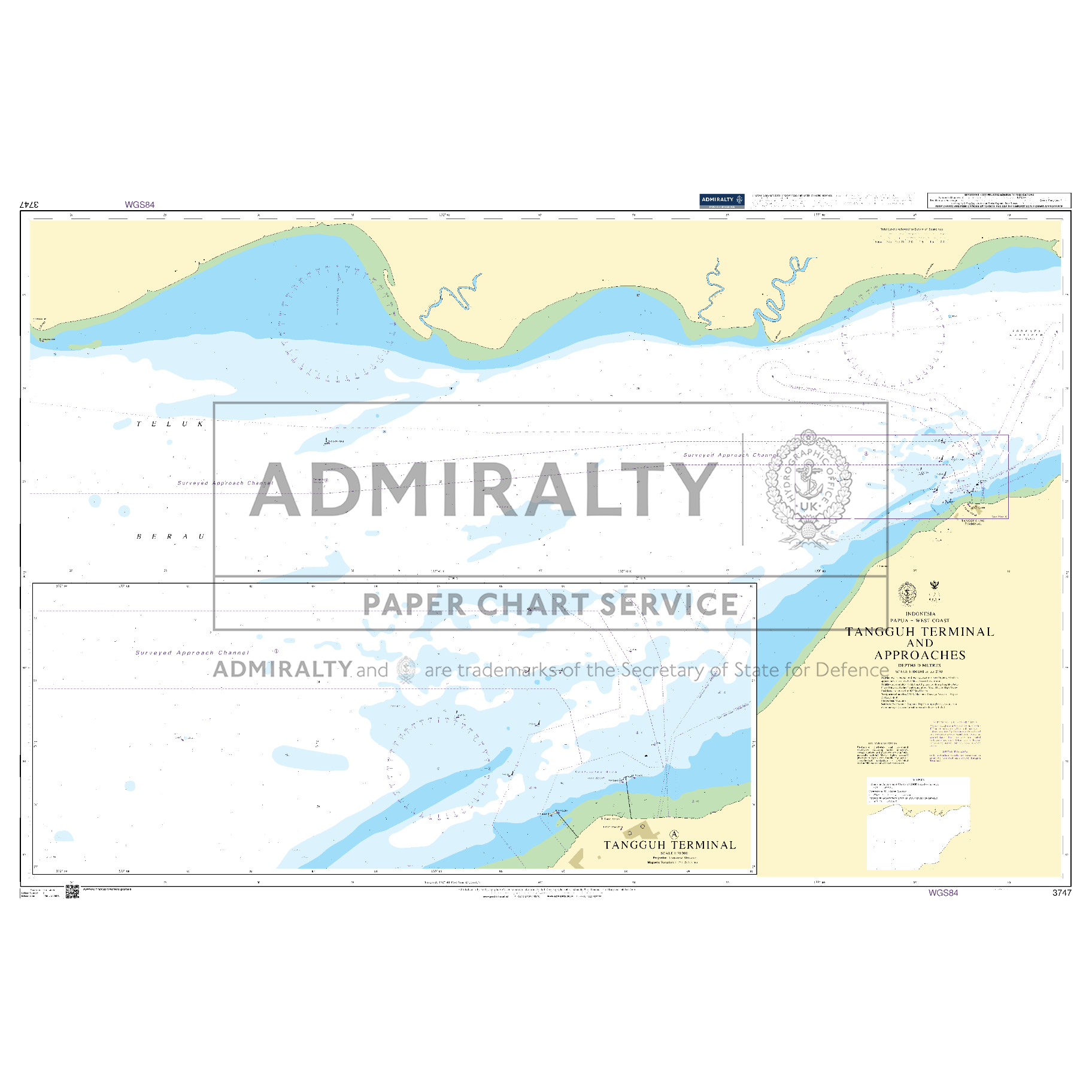 Product image of Admiralty Chart 3747 | Tangguh Terminal and Approaches, featuring navigational markings, depth soundings, and coastal features, essential for safe marine navigation. It could be displayed as an art piece or used for navigation on a boat or ship.