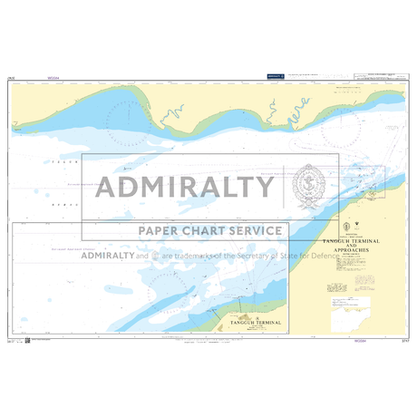 Product image of Admiralty Chart 3747 | Tangguh Terminal and Approaches, featuring navigational markings, depth soundings, and coastal features, essential for safe marine navigation. It could be displayed as an art piece or used for navigation on a boat or ship.
