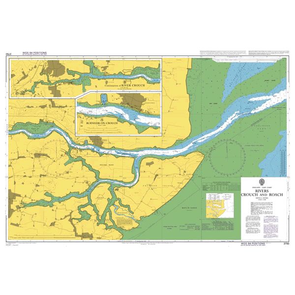 Product image of Admiralty Chart 3750 | Rivers Crouch and Roach, featuring navigational markings, depth soundings, and coastal features, essential for safe marine navigation. It could be displayed as an art piece or used for navigation on a boat or ship.