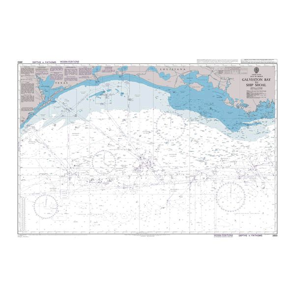 Product image of Admiralty Chart 3850 | Galveston Bay to Ship Shoal, featuring navigational markings, depth soundings, and coastal features, essential for safe marine navigation. It could be displayed as an art piece or used for navigation on a boat or ship.