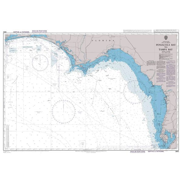 Product image of Admiralty Chart 3852 | Santa Rosa Island to Tampa Bay, featuring navigational markings, depth soundings, and coastal features, essential for safe marine navigation. It could be displayed as an art piece or used for navigation on a boat or ship.