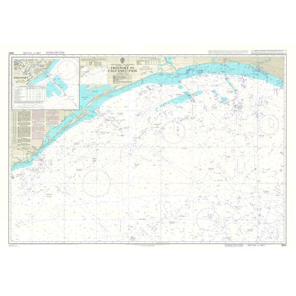 Product image of Admiralty Chart 3854 | Freeport to Calcasieu Pass, featuring navigational markings, depth soundings, and coastal features, essential for safe marine navigation. It could be displayed as an art piece or used for navigation on a boat or ship.