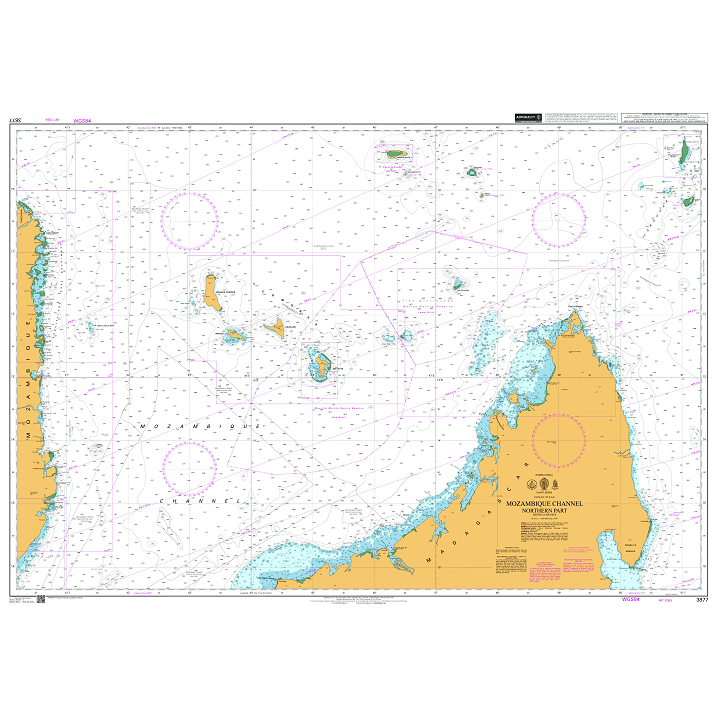 Product image of Admiralty Chart 3877 | Mozambique Channel Northern Part, featuring navigational markings, depth soundings, and coastal features, essential for safe marine navigation. It could be displayed as an art piece or used for navigation on a boat or ship.