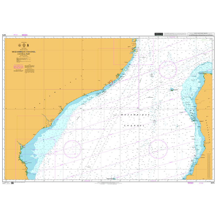 Product image of Admiralty Chart 3878 | Mozambique Channel Central Part, featuring navigational markings, depth soundings, and coastal features, essential for safe marine navigation. It could be displayed as an art piece or used for navigation on a boat or ship.