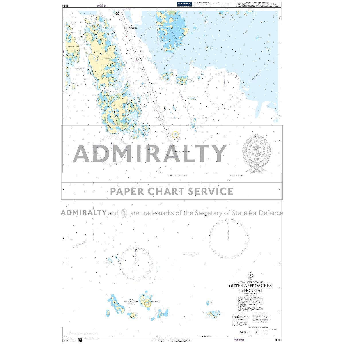 Product image of Admiralty Chart 3888 | Outer Approaches to Hon Gai, featuring navigational markings, depth soundings, and coastal features, essential for safe marine navigation. It could be displayed as an art piece or used for navigation on a boat or ship.