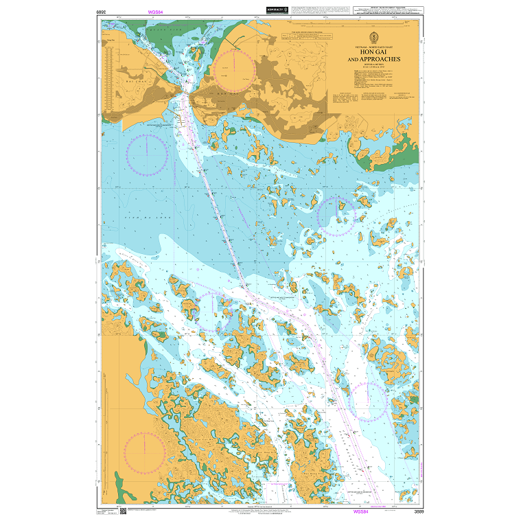 Product image of Admiralty Chart 3889 | Hon Gai and Approaches, featuring navigational markings, depth soundings, and coastal features, essential for safe marine navigation. It could be displayed as an art piece or used for navigation on a boat or ship.