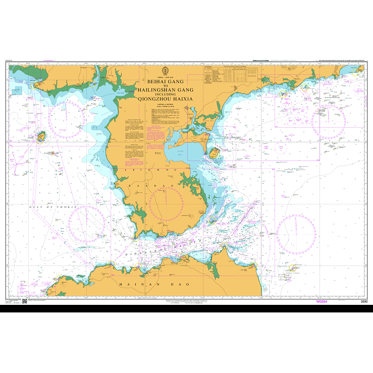 Product image of Admiralty Chart 3892 | Beihai Gang to Hailingshan Gang including Qiongzhou Haixia, featuring navigational markings, depth soundings, and coastal features, essential for safe marine navigation. It could be displayed as an art piece or used for navigation on a boat or ship.