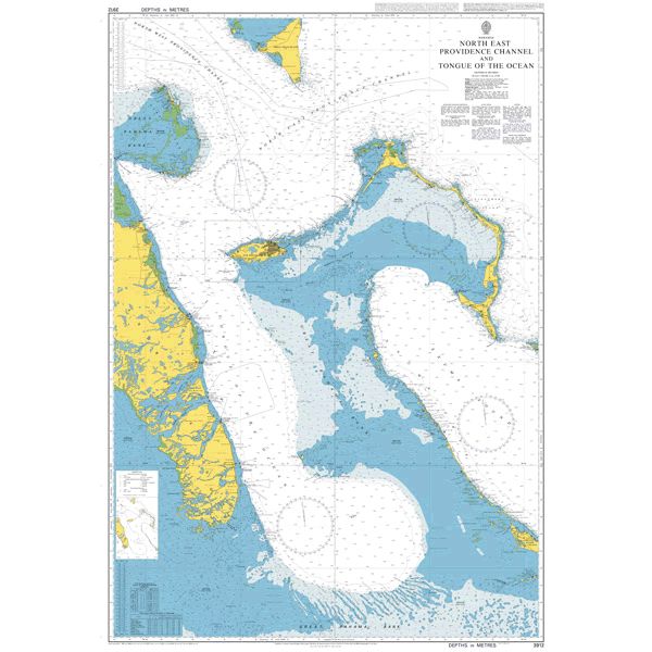 Product image of Admiralty Chart 3912 | North East Providence Channel and Tongue of the Ocean, featuring navigational markings, depth soundings, and coastal features, essential for safe marine navigation. It could be displayed as an art piece or used for navigation on a boat or ship.