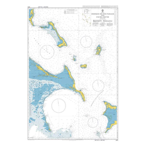 Product image of Admiralty Chart 3913 | Crooked Island Passage and Exuma Sound, featuring navigational markings, depth soundings, and coastal features, essential for safe marine navigation. It could be displayed as an art piece or used for navigation on a boat or ship.