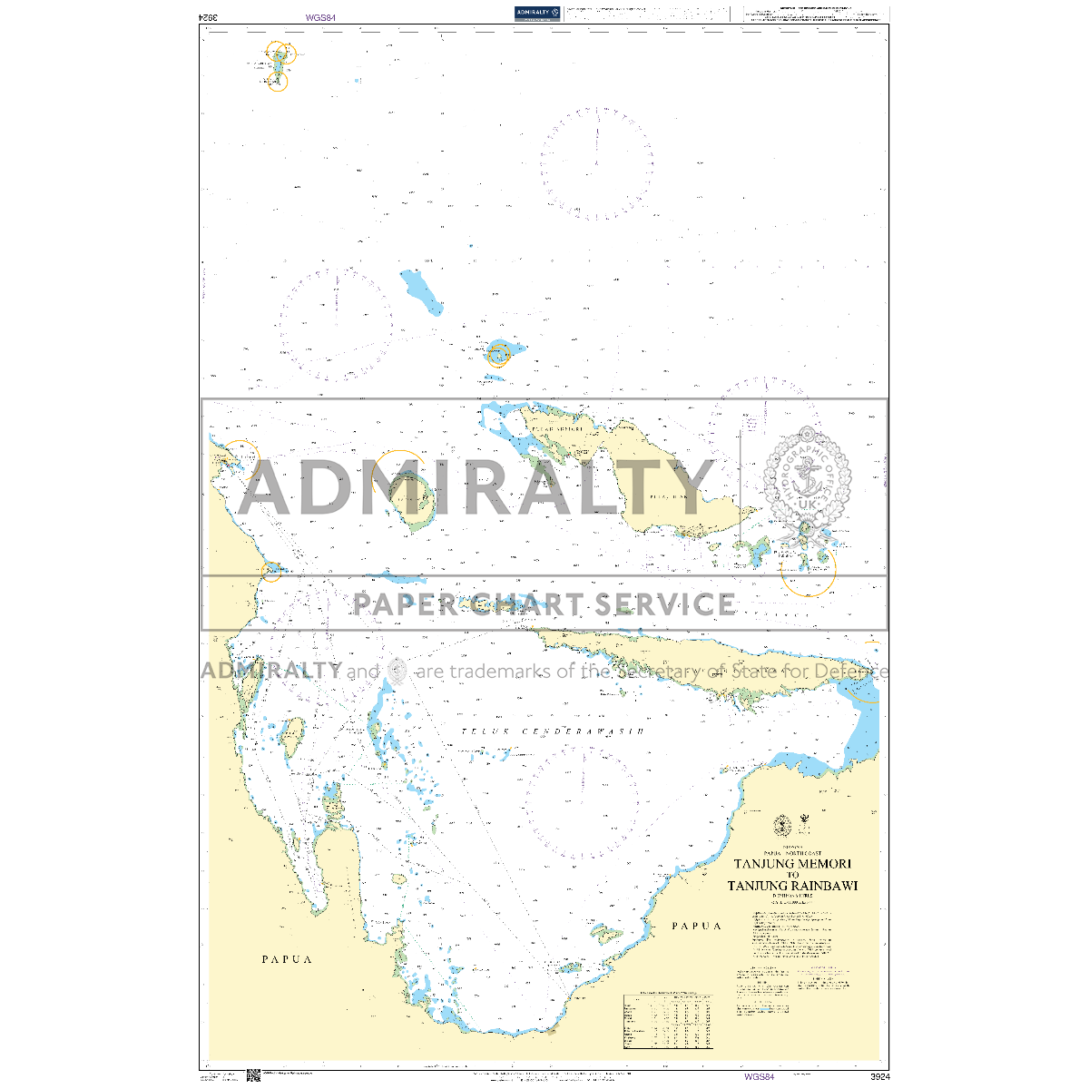 Product image of Admiralty Chart 3924 | Tanjung Memori to Tanjung Rainbawi, featuring navigational markings, depth soundings, and coastal features, essential for safe marine navigation. It could be displayed as an art piece or used for navigation on a boat or ship.