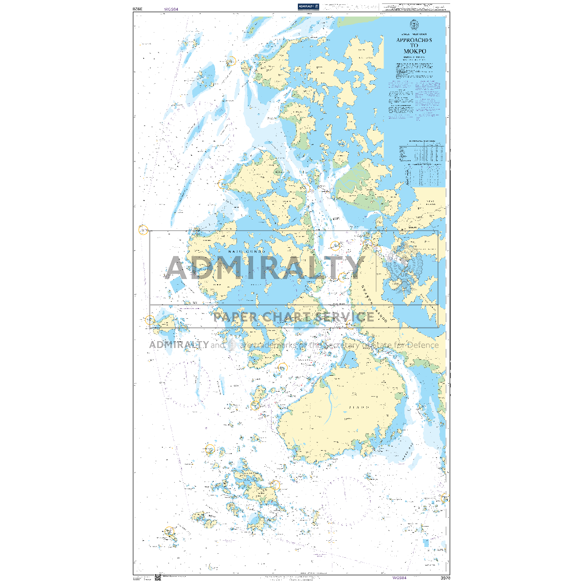 Product image of Admiralty Chart 3928 | Approaches to Mokpo, featuring navigational markings, depth soundings, and coastal features, essential for safe marine navigation. It could be displayed as an art piece or used for navigation on a boat or ship.
