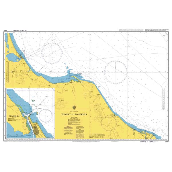Product image of Admiralty Chart 3961 | Tumpat to Songkhla, featuring navigational markings, depth soundings, and coastal features, essential for safe marine navigation. It could be displayed as an art piece or used for navigation on a boat or ship.