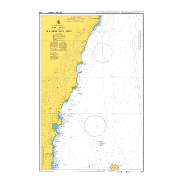 Product image of Admiralty Chart 3964 | Lang Suan to Prachuap Khiri Khan, featuring navigational markings, depth soundings, and coastal features, essential for safe marine navigation. It could be displayed as an art piece or used for navigation on a boat or ship.