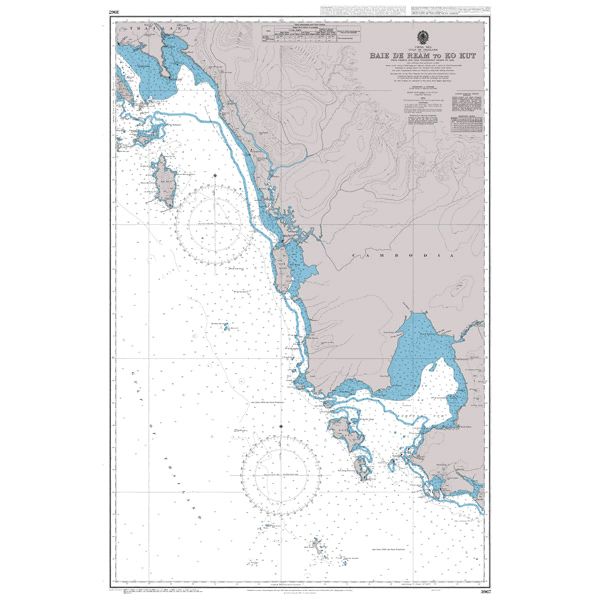 Product image of Admiralty Chart 3967 | Baie De Ream to Ko Kut, featuring navigational markings, depth soundings, and coastal features, essential for safe marine navigation. It could be displayed as an art piece or used for navigation on a boat or ship.