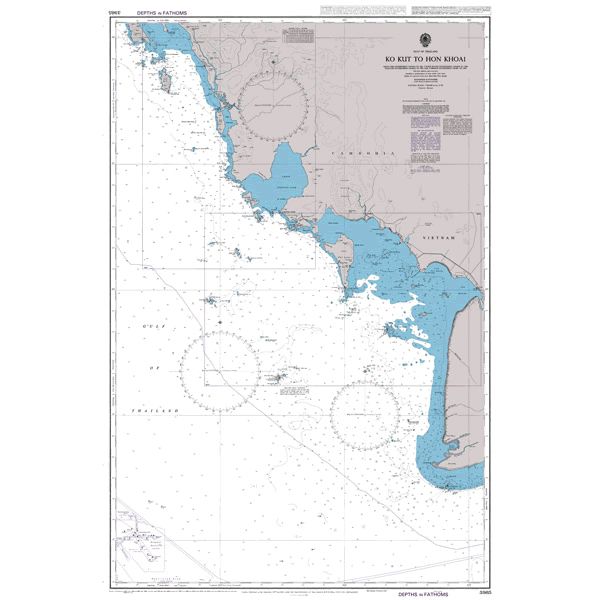 Product image of Admiralty Chart 3985 | Ko Kut to Hon Khoai, featuring navigational markings, depth soundings, and coastal features, essential for safe marine navigation. It could be displayed as an art piece or used for navigation on a boat or ship.