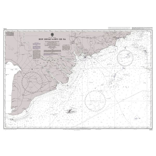 Product image of Admiralty Chart 3986 | Hon Khoai to Mui Ke Ga, featuring navigational markings, depth soundings, and coastal features, essential for safe marine navigation. It could be displayed as an art piece or used for navigation on a boat or ship.
