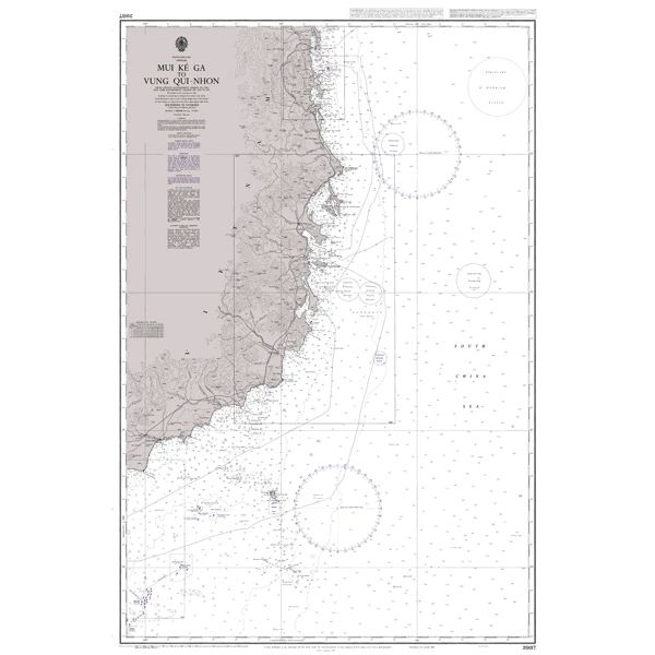 Product image of Admiralty Chart 3987 | Mui Ke Ga to Quy Nhon, featuring navigational markings, depth soundings, and coastal features, essential for safe marine navigation. It could be displayed as an art piece or used for navigation on a boat or ship.