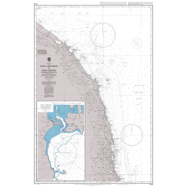 Product image of Admiralty Chart 3988 | Quy Nhon To Song Huong, featuring navigational markings, depth soundings, and coastal features, essential for safe marine navigation. It could be displayed as an art piece or used for navigation on a boat or ship.