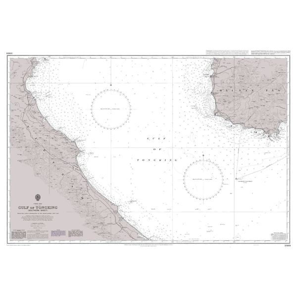 Product image of Admiralty Chart 3989 | Gulf of Tonkin (Southern Part), featuring navigational markings, depth soundings, and coastal features, essential for safe marine navigation. It could be displayed as an art piece or used for navigation on a boat or ship.