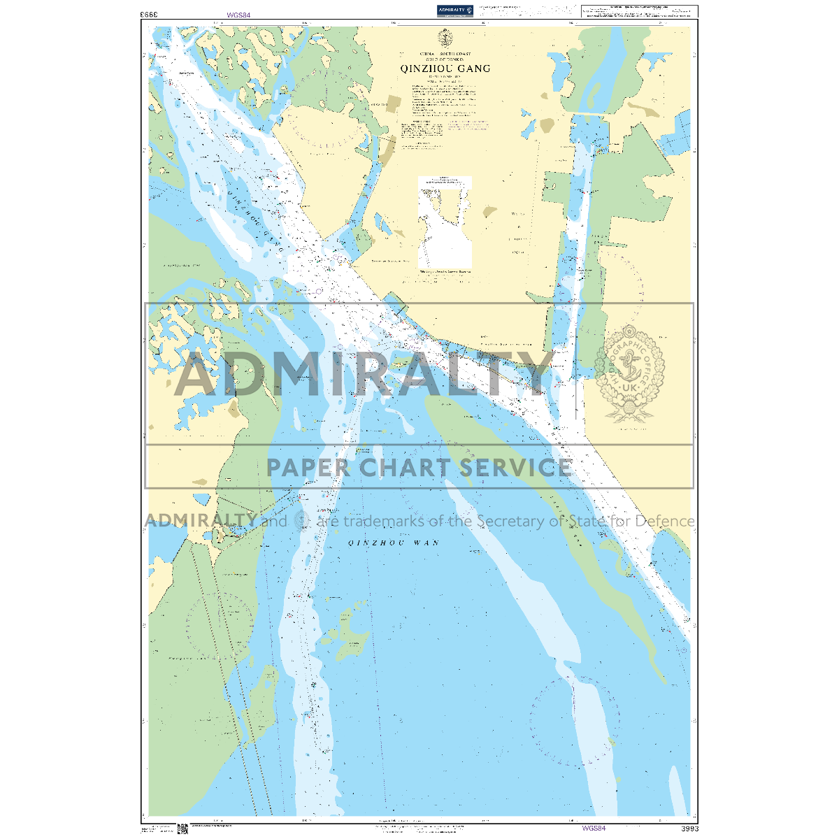 Product image of Admiralty Chart 3993 | Qinzhou Gang, featuring navigational markings, depth soundings, and coastal features, essential for safe marine navigation. It could be displayed as an art piece or used for navigation on a boat or ship.