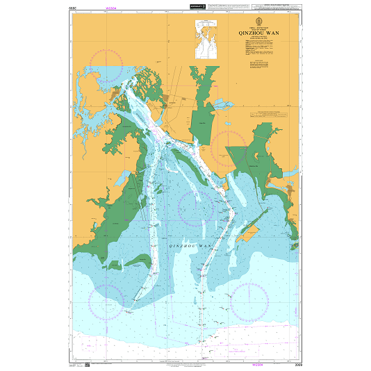 Product image of Admiralty Chart 3999 | Qinzhou Wan, featuring navigational markings, depth soundings, and coastal features, essential for safe marine navigation. It could be displayed as an art piece or used for navigation on a boat or ship.